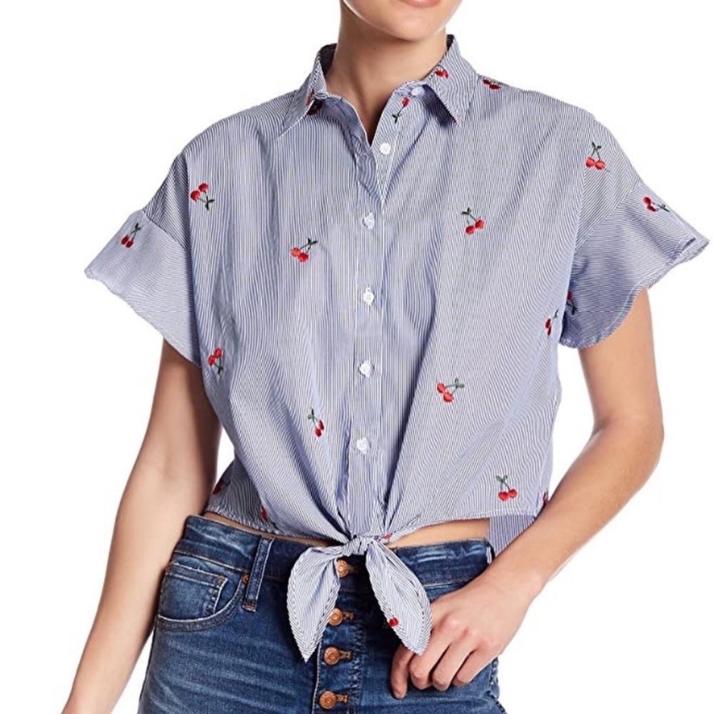 Love, Fire Cherry Embroidered Tie Front Top